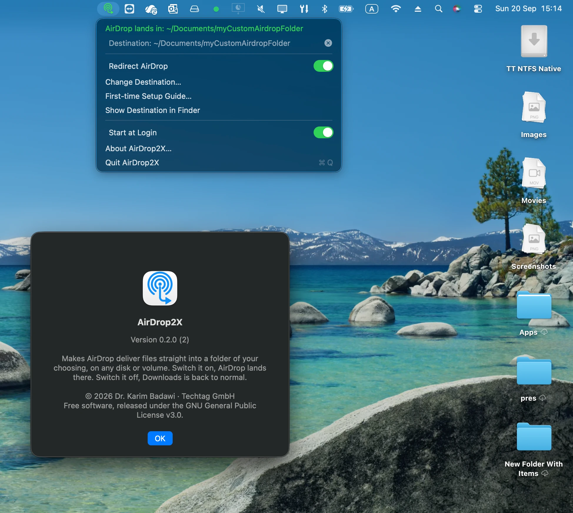 A Mac desktop with the AirDrop2X icon in the menu bar shown green, its menu open, and the About dialog with the app icon, version and licence.