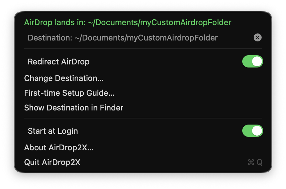 The AirDrop2X menu: a green status line reading “AirDrop lands in: ~/Documents/myCustomAirdropFolder”, the destination with a clear button, the Redirect AirDrop switch on, and items for changing the destination, the setup guide, Finder, Start at Login, About and Quit.